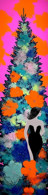 Free printable Christmas bookmarks of a woman in a fancy dress in front of a Christmas tree